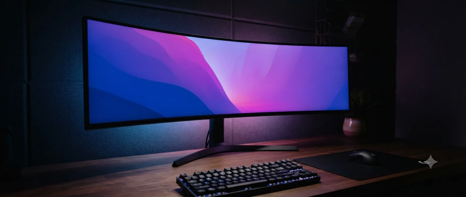 An ultrawide curved monitor on a minimal desk in a dim room, its screen showing a smooth blue and magenta gradient, with bias light glowing on the wall behind and a keyboard in front.