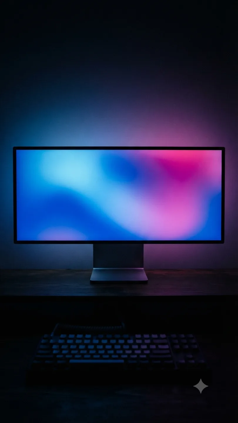 A tall monitor in a dark room displaying a smooth vertical blue-to-magenta gradient, glowing against a black background.